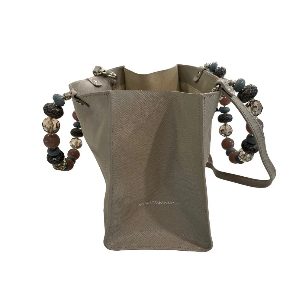 Roberta Gandolfi Taupe Leather Handbag with Beaded Handle